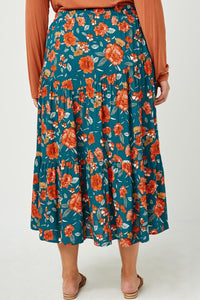 HY2610 Blue Womens Floral Elastic Waist Midi Skirt Full Body