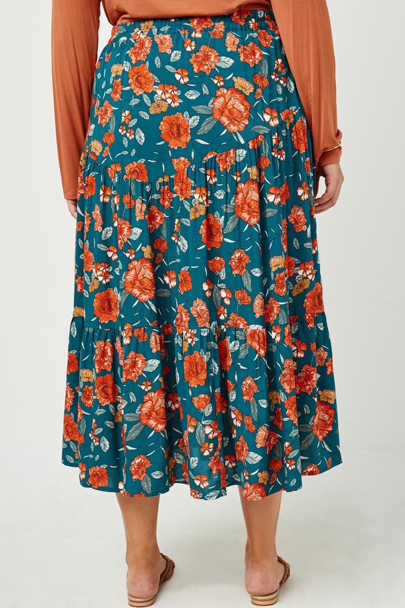 HY2610 Blue Womens Floral Elastic Waist Midi Skirt Full Body