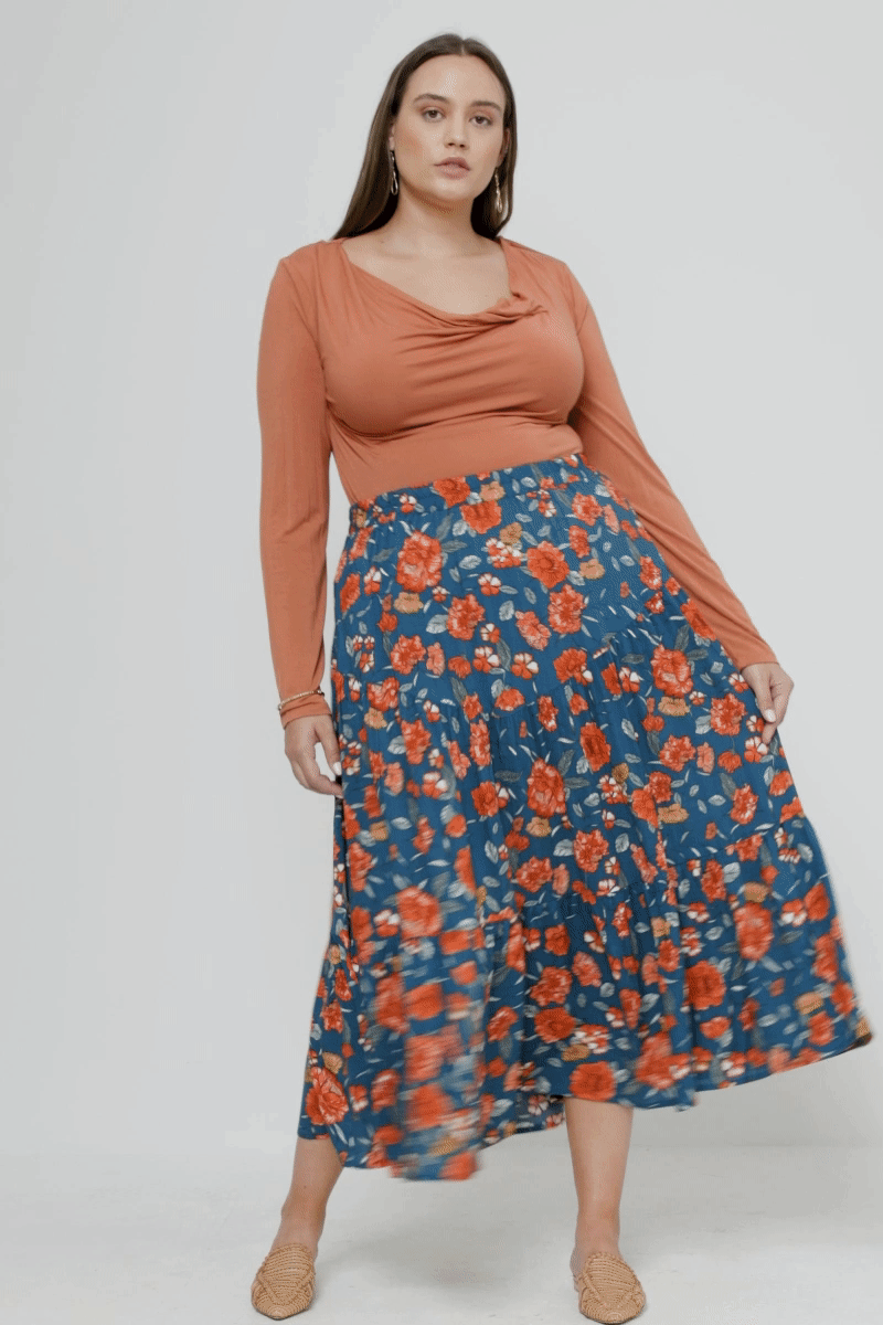 Floral Elastic Waist Midi Skirt