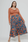 HY2610 Teal Womens Floral Elastic Waist Midi Skirt Side