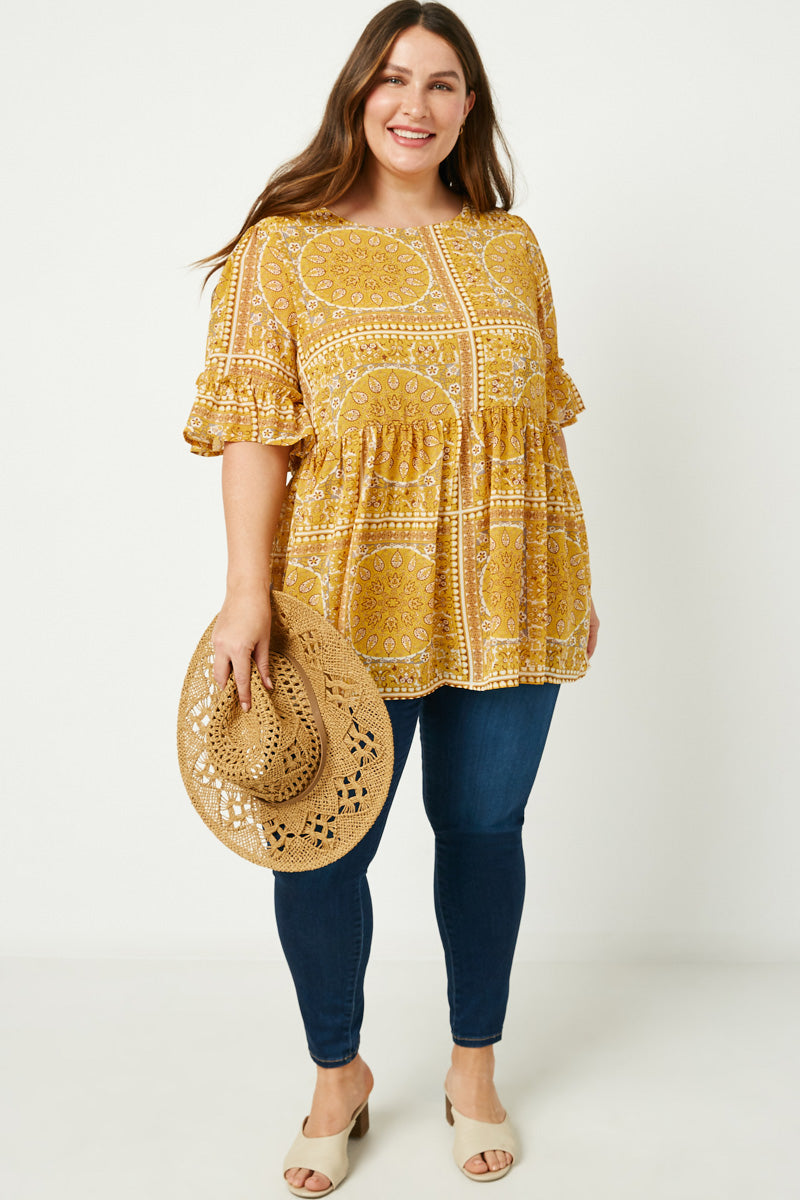 Bandana Print Ruffle Sleeve Peplum Top