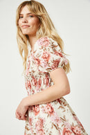 HY2633W Ivory Plus Floral Puff Sleeve Mix Smocked Mini Dress Side