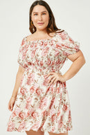 HY2633W Ivory Plus Floral Puff Sleeve Mix Smocked Mini Dress Full Body