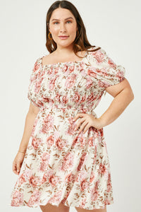 HY2633W Ivory Plus Floral Puff Sleeve Mix Smocked Mini Dress Full Body