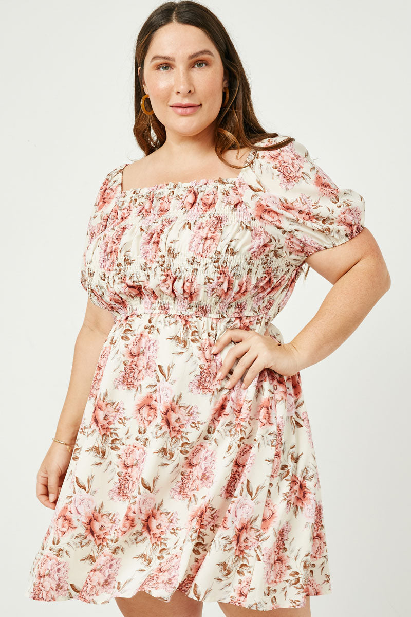 Floral Puff Sleeve Mix Smocked Mini Dress