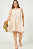 HY2634 SAGE Womens Texture Stripe Tiered Halter Mini Dress Front
