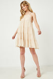 HY2634W Sage Womens Texture Stripe Tiered Halter Mini Dress Full Body