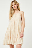 HY2634W Sage Womens Texture Stripe Tiered Halter Mini Dress Front