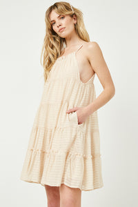 HY2634W Sage Womens Texture Stripe Tiered Halter Mini Dress Detail