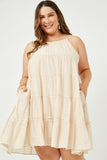 HY2634 Sage Womens Texture Stripe Tiered Halter Mini Dress Gif