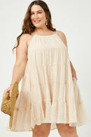 HY2634W Sage Plus Texture Stripe Tiered Halter Mini Dress Gif