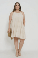 HY2634W Sage Plus Texture Stripe Tiered Halter Mini Dress Gif