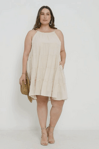 HY2634W Sage Plus Texture Stripe Tiered Halter Mini Dress Gif