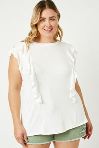 HY2642 Salmon Womens Layered Ruffle Rib Knit Top Pose