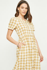 HY2724W Mustard Plus Plaid Button Up Bow Back Dress Front