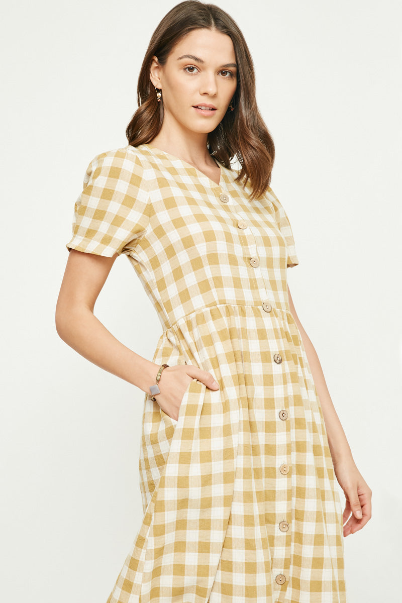 HY2724W Mustard Plus Plaid Button Up Bow Back Dress Front