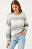 HY2738 Mustard Womens Engineered Stripe Puff Sleeve Round Neck Pullover Sweater Pose