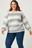 HY2738 Mustard Womens Engineered Stripe Puff Sleeve Round Neck Pullover Sweater Side