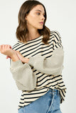 HY2763 Blue Womens Contrast Stripe Sleeve Textured Knit Top Pose