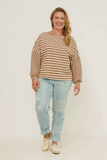HY2763W OATMEAL Plus Contrast Stripe Sleeve Textured Knit Top Pose