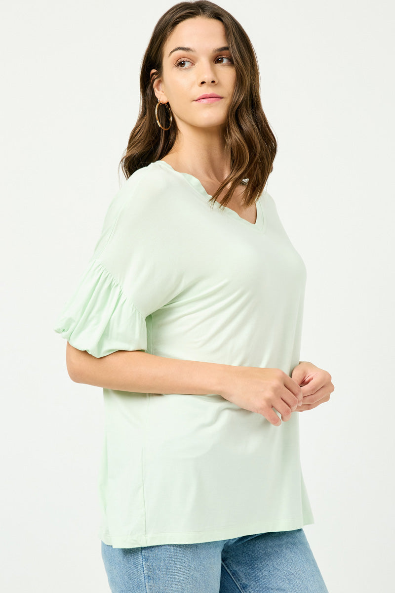 Balloon Puff Sleeve V Neck Modal Knit Top