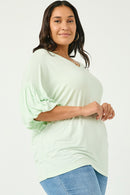 HY2813W OFF WHITE Plus Balloon Puff Sleeve V Neck Modal Knit Top Full Body