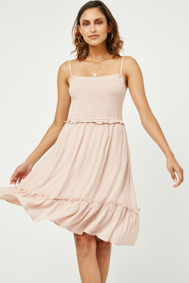 Smocked Bodice Ruffle Detailed Dress