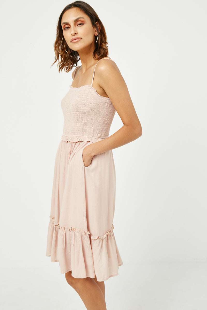 HY2880W LIGHT BLUE Plus Smocked Bodice Ruffle Detailed Dress Detail