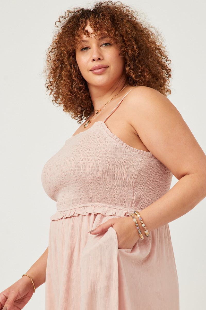 HY2880 LIGHT BLUE Womens Smocked Bodice Ruffle Detailed Dress Side