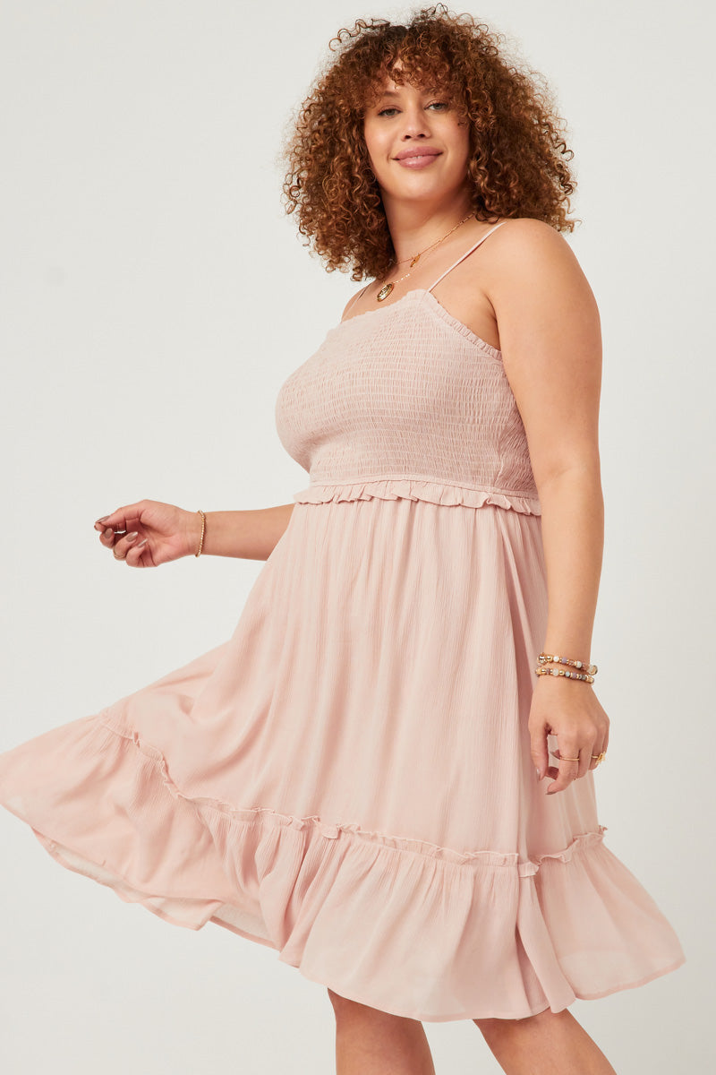 HY2880W LIGHT BLUE Plus Smocked Bodice Ruffle Detailed Dress Full Body