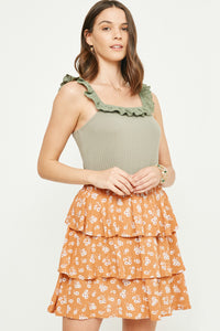 HY2942 OFF WHITE Womens Ribbed Knit Ruffle Lace Trim Tank FULL BODY