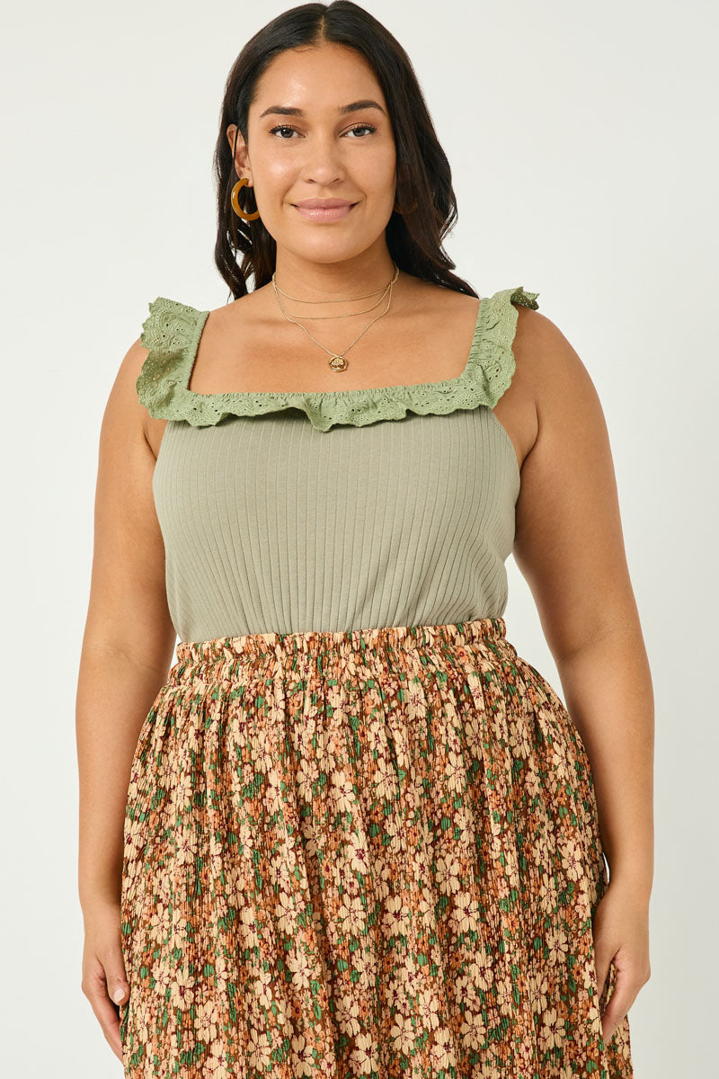 Ribbed Knit Ruffle Lace Trim Tank