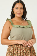 HY2942 OFF WHITE Womens Ribbed Knit Ruffle Lace Trim Tank FRONT