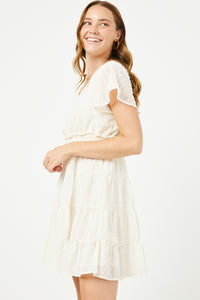 HY2945W Cream Plus Smocked Waist Swiss Dot Dress Side