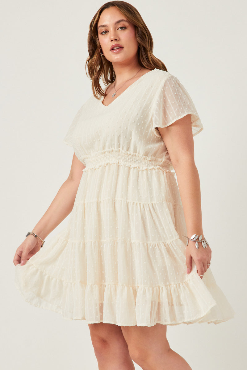 cream swiss dot dress Rhozie Cream Embroidered Swiss Dot Cape Sleeve Tiered Mini Dress
