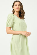 HY2965 MINT Womens Buttoned Puff Sleeve Tie Back Midi Dress FRONT