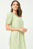Buttoned Puff Sleeve Tie Back Midi Dress
