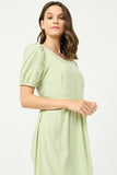 HY2965 MINT Womens Buttoned Puff Sleeve Tie Back Midi Dress FRONT