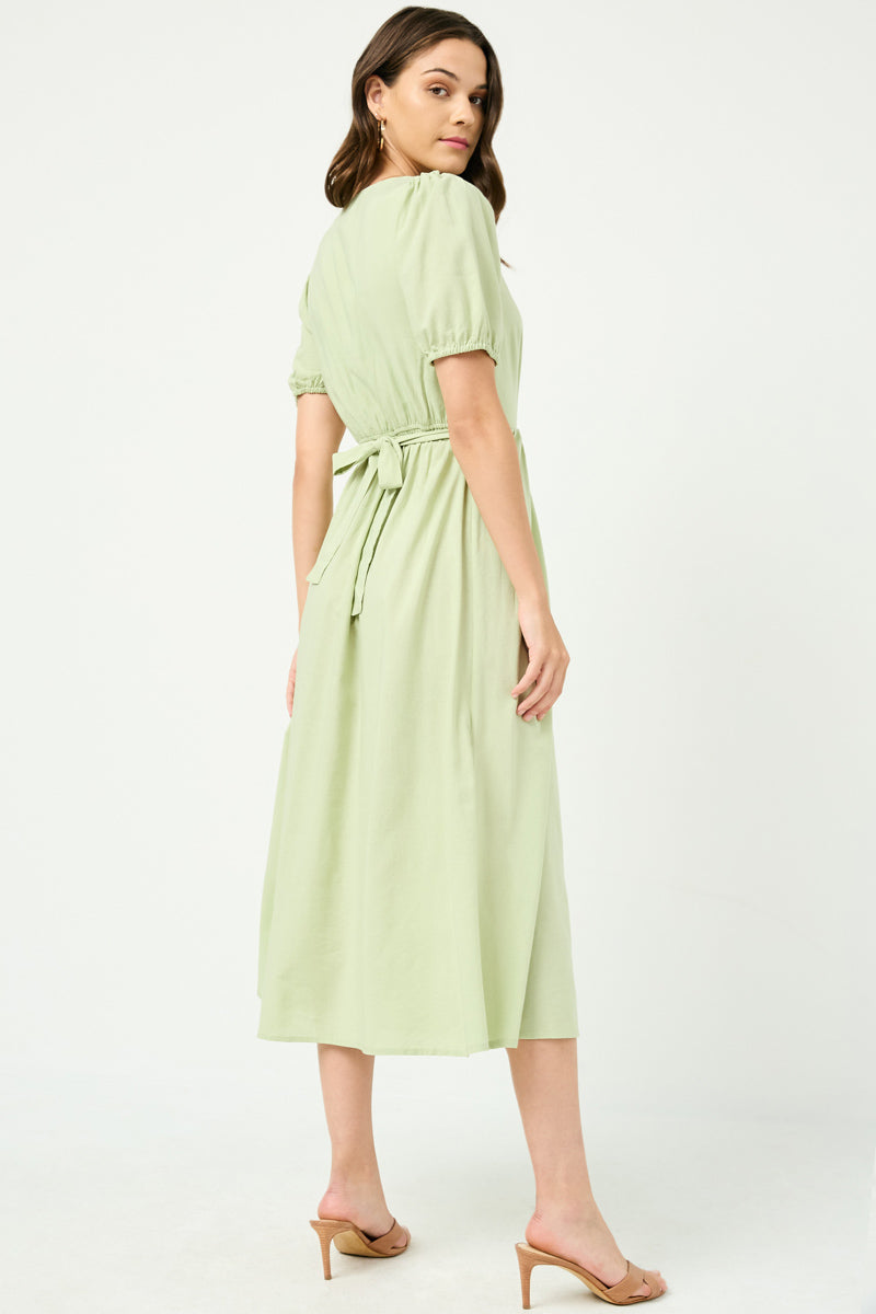 HY2965 TAUPE Womens Buttoned Puff Sleeve Tie Back Midi Dress FRONT