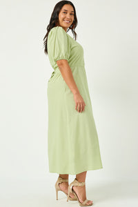 HY2965W TAUPE Plus Buttoned Puff Sleeve Tie Back Midi Dress Full Body