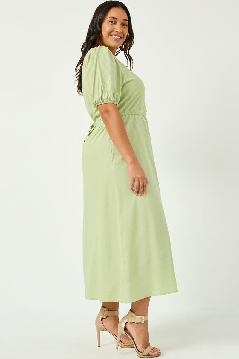 Buttoned Puff Sleeve Tie Back Midi Dress