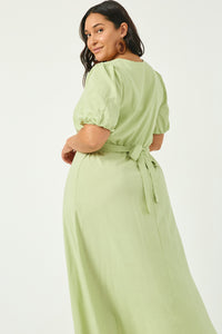 HY2965 MINT Womens Buttoned Puff Sleeve Tie Back Midi Dress BACK