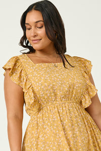 HY2968 YELLOW Womens Button Back Ruffled Square Neck Tank Dress Full Body