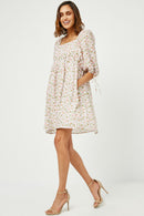 HY2988 PINK Womens Tie Sleeve Square Neck Floral Tunic Dress Full Body
