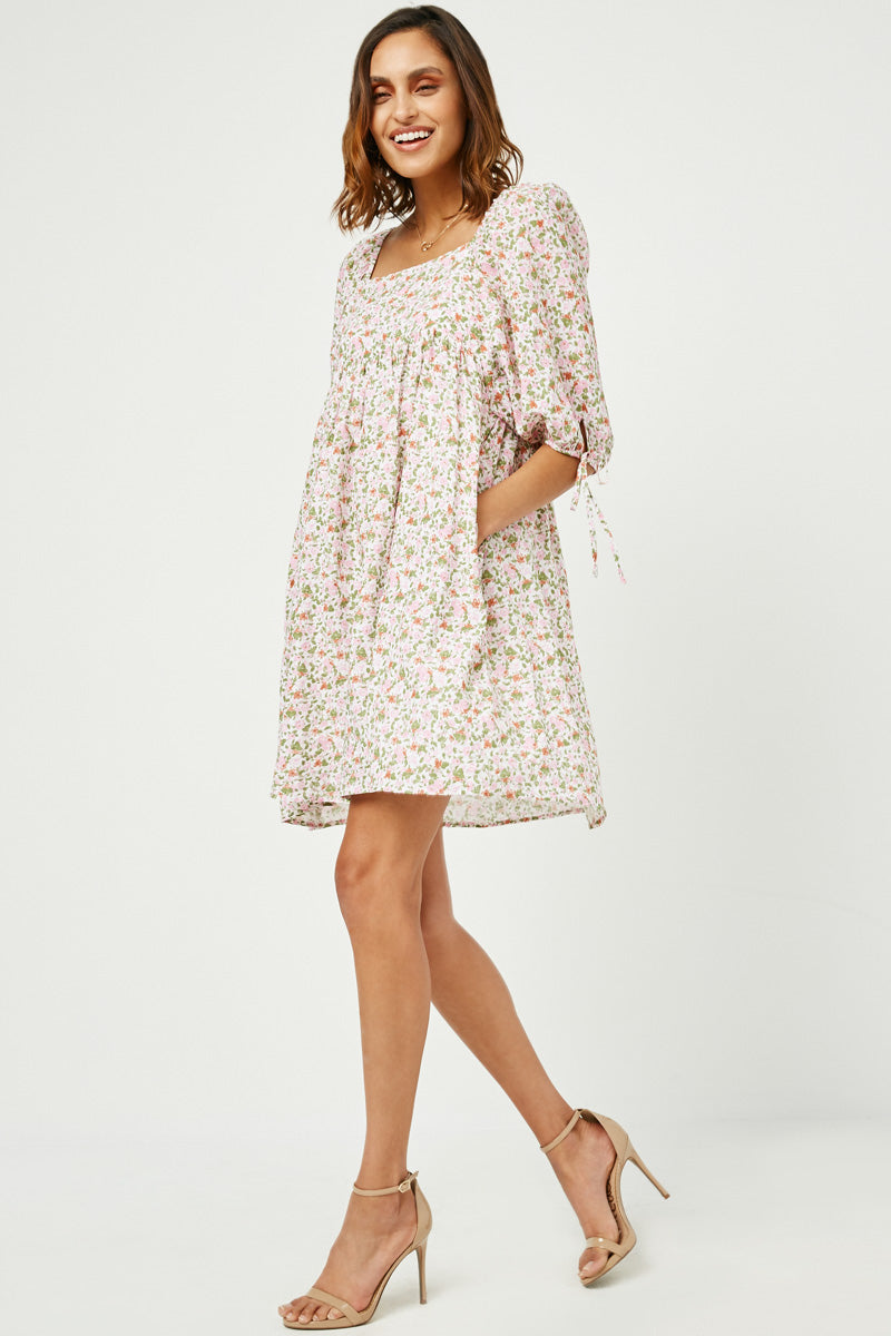 HY2988 PINK Womens Tie Sleeve Square Neck Floral Tunic Dress Full Body