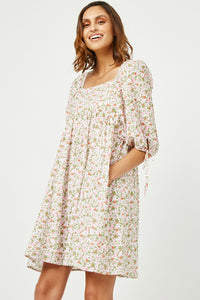 HY2988 Blue Womens Tie Sleeve Square Neck Floral Tunic Dress Full Body