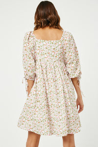 HY2988 Blue Womens Tie Sleeve Square Neck Floral Tunic Dress Gif