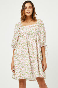 HY2988 Blue Womens Tie Sleeve Square Neck Floral Tunic Dress Detail