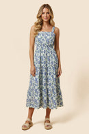 Floral Print Pleat Detail Sleeveless Poplin Dress
