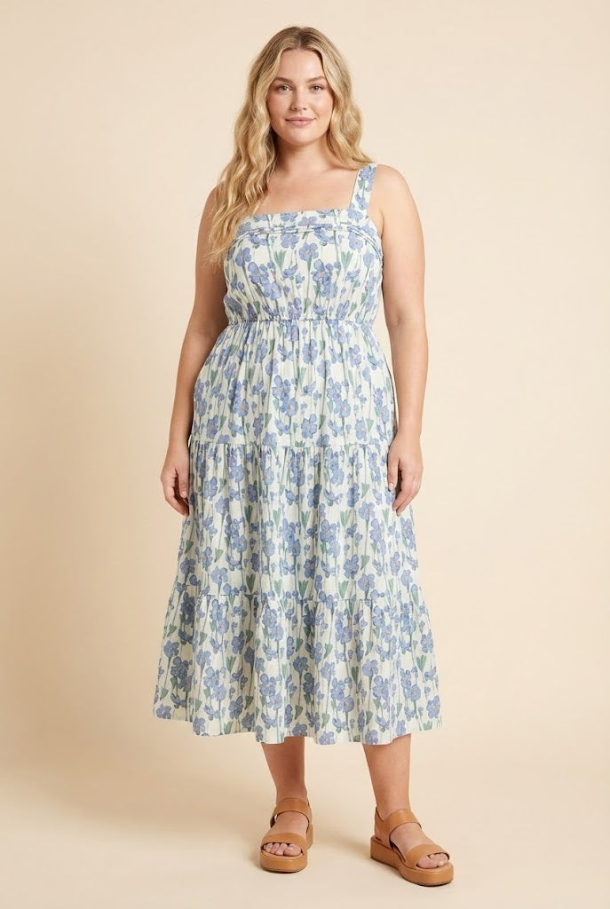 Floral Print Pleat Detail Sleeveless Poplin Dress